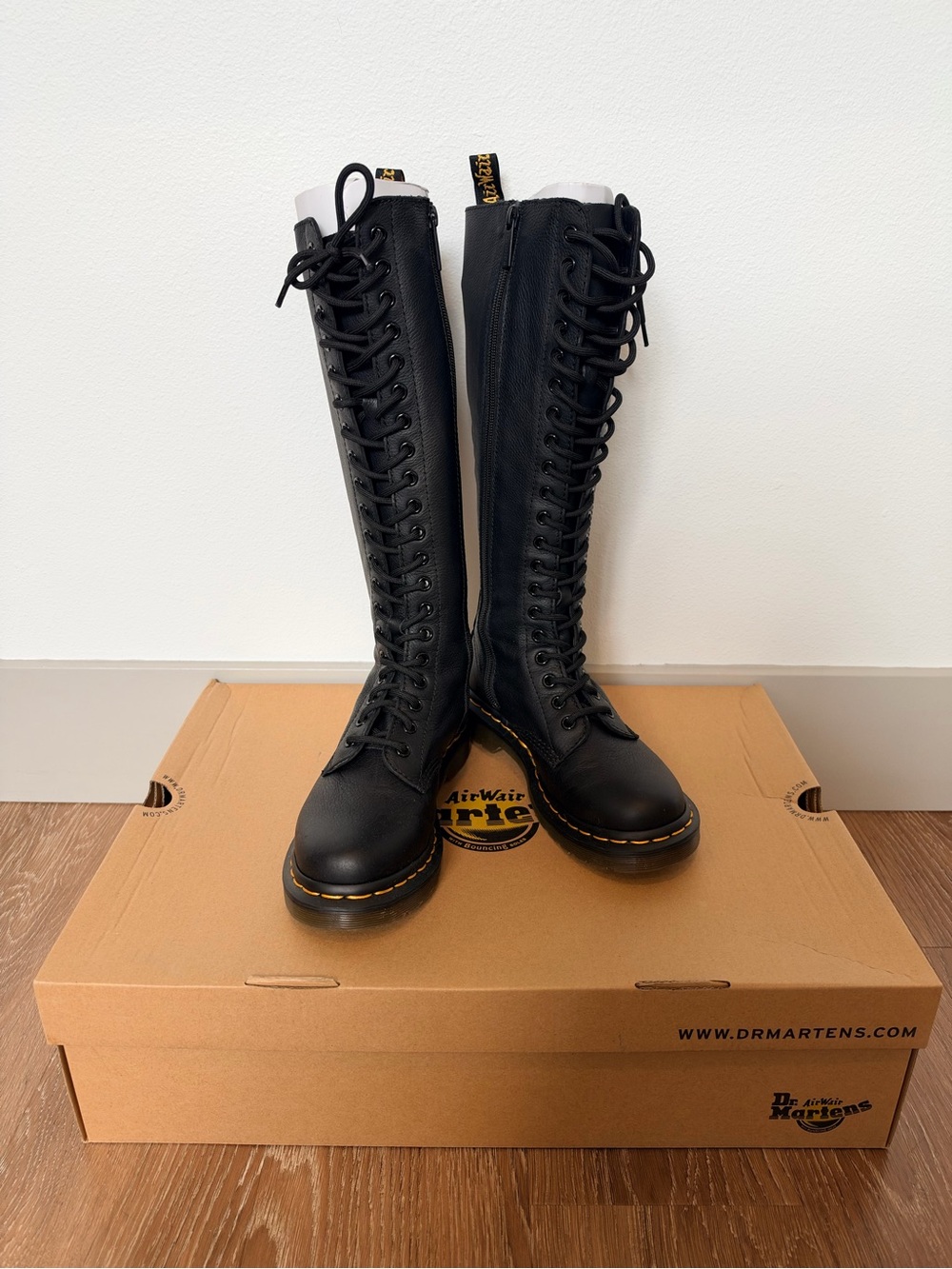 Dr. Martens Black 16-Eye Knee-High Lace-Up Boots with Yellow Stitching